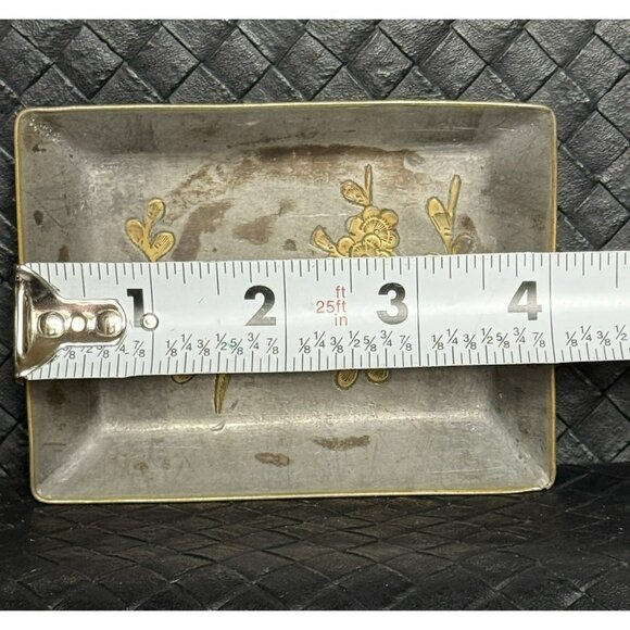 Vintage Metal Trinket Tray Hand Etched Bird Cherry Blossom Design 4 Inc By 3 In - Picture 7 of 8